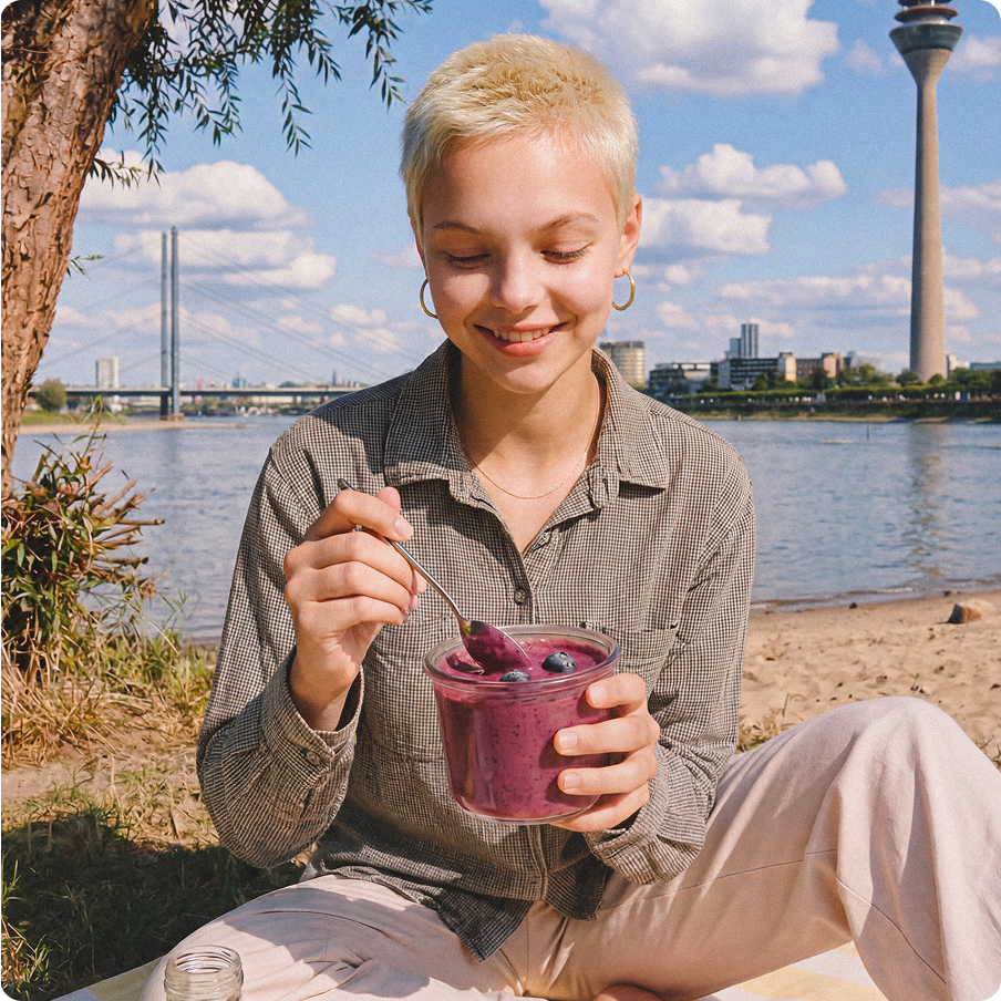 Eine blondes Mädchen sitzt am Rhein auf einer Picknickdecke und löffelt eine Smoothie Bowl.