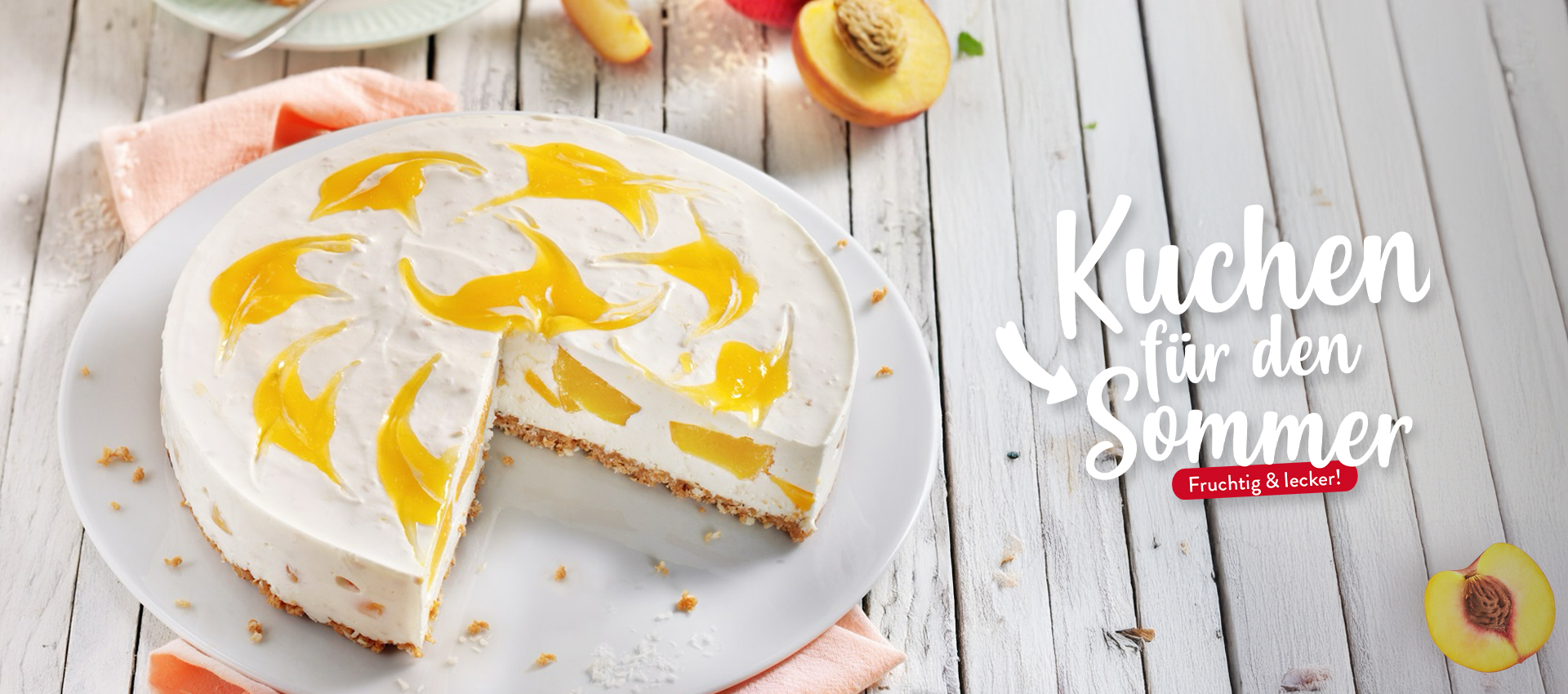 Kategoriebild Kuchenrezepte für den Sommer: Bild eines Cheesecakes mit Pfirsisch