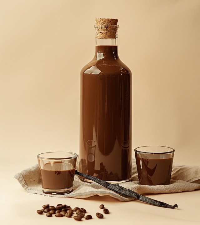 Schokolikör in einer Glasflasche und daneben zwei gefüllte Likörgläser